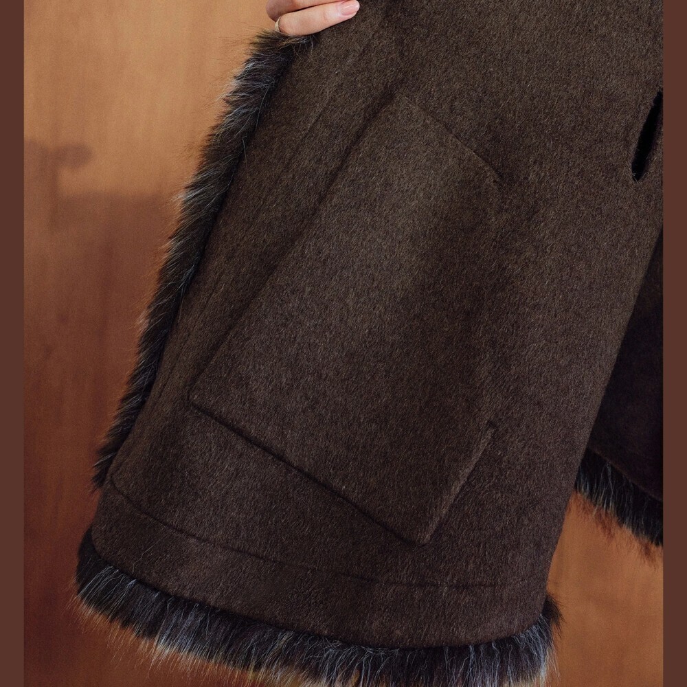 Brown Wool Blend Faux Fur Trim Belted Waterfall Cape Coat - Picture 8 of 8